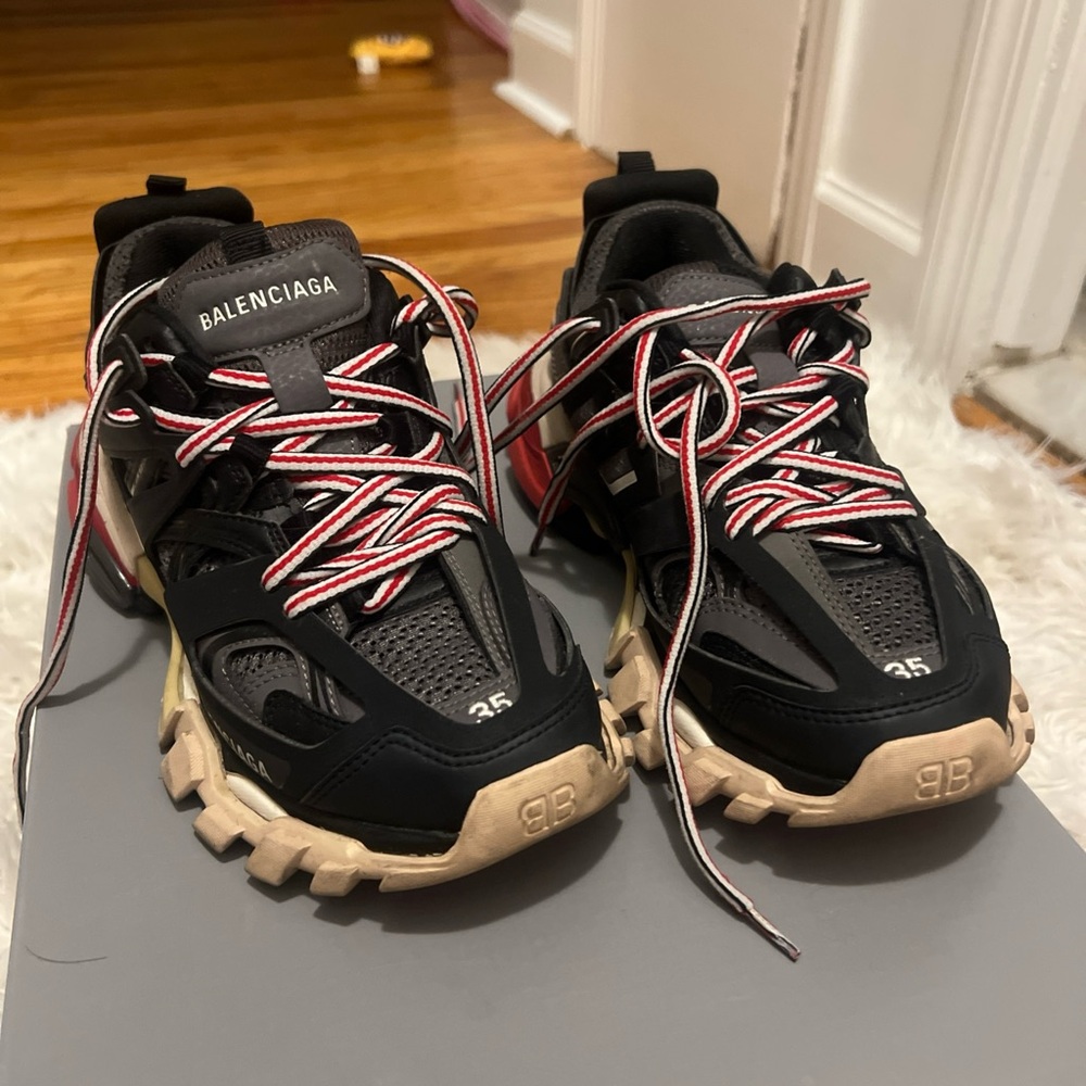 Balenciaga Black and Tan Sneakers with Red Laces